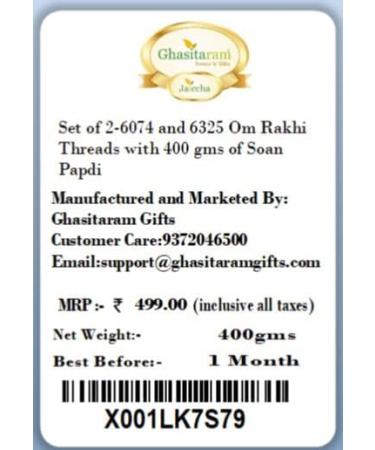 Ghasitaram Gifts Rakhi for Brother Rakhis Online - Set of 2-6074 and 6325 Om Rakhi Threads with 400 GMS of Soan Papdi - Buy Online on GoSupps.com
