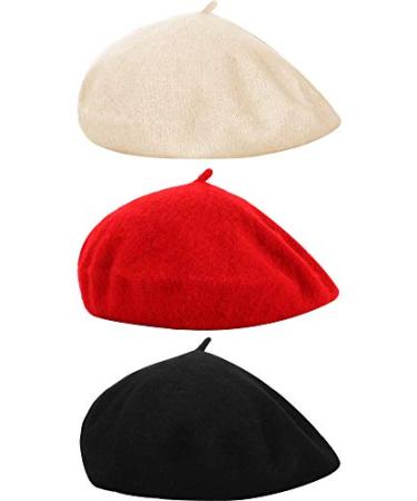 3 Pieces Beret Hat French Style Beanie Cap Solid Color Winter Hat for Women and Girls Casual Use Color Set 2