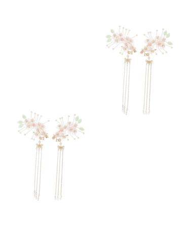 minkissy 2 Pairs Costume pearl hair clip hair accessories headpiece for bride China emerald tassel clip Mosaic vintage long tassels bride Hanfu floral hair clip pearl headgear