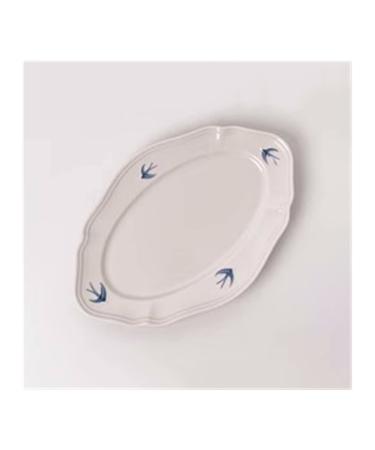 Salad Plate Swallow Embossed Dining Plate Vintage Tableware Solid Simple Fish Plate Household Kitchen Restaurant Ceramic Dining Plate Oval Fish Plate for Kitchen Plate (Size : M) Medium