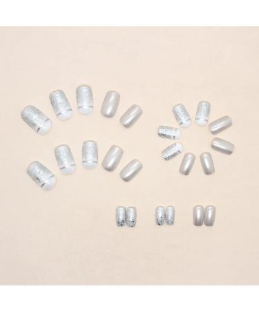 Shop Mouyouglow Press On Nails - Short Square White Silver Glitter Chrome Artificial Nails with Glue | Angular Bling Fingernails F53 - International Shipping Available! - Buy Online on GoSupps.com