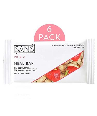 SANS PB and J Meal Replacement Protein Bar | All-Natural Nutrition Bar With No Added Sugar | Dairy-Free, Soy-Free, and Gluten-Free | 14 Essential Vitamins and Minerals | (6 Pack) PB&J 3 Ounce (Pack of 6)