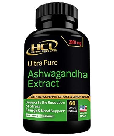 Organic Ashwagandha Capsules 2000 MG Root Powder Extract with Black Pepper & Lemon Balm 2 Month Supply - Natural Way to Relieve Stress