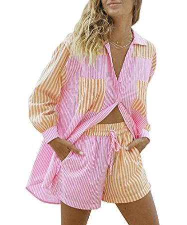 SAFRISIOR Womens 2 Piece Casual Tracksuit Outfit Sets Stripe Long Sleeve Shirt And Loose High Waisted Mini Shorts Set Medium Pink&yellow