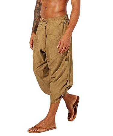 Gafeng Mens Yoga Capri Pants Casual Elastic Waist Drawstring Sports Cotton Linen Boho Harem 3/4 Pants with Pockets Large L- Yellow