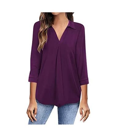 Yck-SAiWed Womens 3/4 Sleeve Blouses Elegant V Neck Turndown Collar Shirts Casual Work Office Solid Color Tunic Tops Purple Large