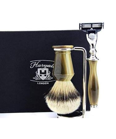 Implementation horn men razor set silver lace roof hair shaving brush 3 edge razors shaving stand/holder for daily shave