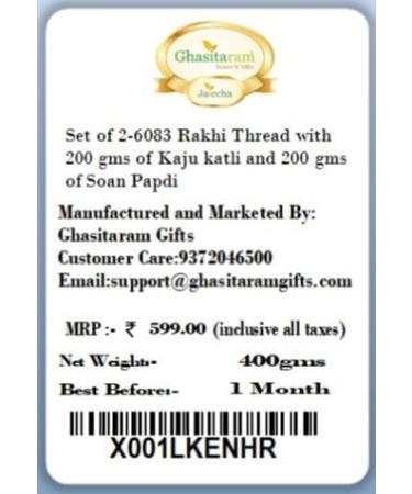 Ghasitaram Gifts Rakhis Online for Brother- Set of 2-6083 Rakhi Thread with 200 GMS of Kaju katli and 200 GMS of Soan Papdi 2 Rakhis with 200 gms of Kaju katli and Soan Papdi - Buy Online on GoSupps.com