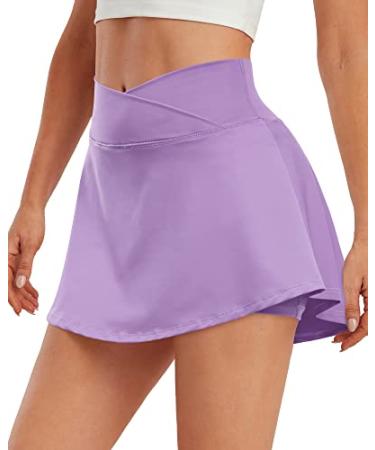 ED3SIZE Pleated Tennis Skirts with Pockets for Women Cross Waist Athletic Golf Skorts Skirts with Shorts Lavender Small