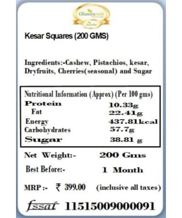 Ghasitaram Gifts Indian Sweets - Kesar Squares (200 Gms) (200gms) - Buy Online on GoSupps.com