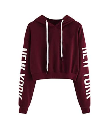 New York Crop Hoodies for Women Teen Girls Solid Color Hooded Sweatshirt Tie Dye Printed Long Sleeve Pullover Tops B01 Wine Small