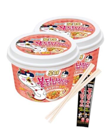 Buldak Glass Noodle Big Bowl 2 Pack+ Buldak Sauce 2 Stick + wooden chopsticks 2 pairs - Korean Instant Food Spicy Cup Ramen
