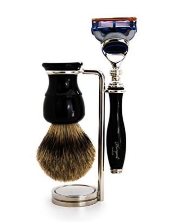 3 Pc Men's Shaving Kit | 5 Edge Razor Silver Tip Badger Hair Brush & Stainless Steel Stand - Perfect Grooming Set - Buy Online on GoSupps.com