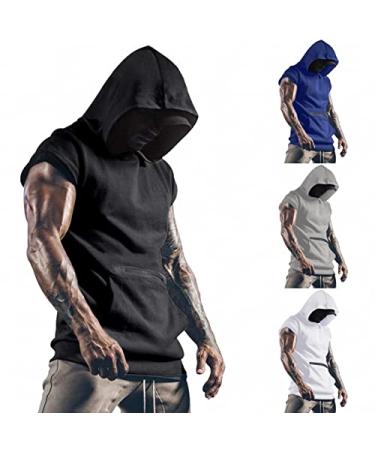 JSPOYOU Men's Workout Hooded Tank Tops Sleeveless Bodybuilding Training T Shirts Hipster Hip Hop Athletic Muscle Fitness Vest Black