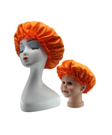 Sweet Easy set of 2 parent-child satin sleep bonnet sleep night cap with elastic band washable Frizzy Curly Dreadlocks Braid (orange)