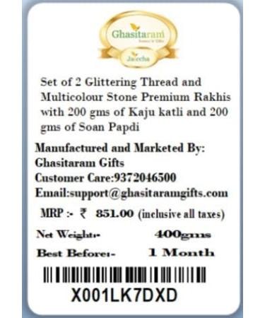 Ghasitaram Gifts Rakhi for Brother Rakhis Online - Set of 2 Glittering Thread and Multicolour Stone Premium Rakhis with 200 GMS of Kaju katli and 200 GMS of Soan Papdi - Buy Online on GoSupps.com