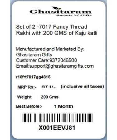 Ghasitaram Gifts Rakhi for Brother Rakhis Online-Set of 2-7017 Fancy Thread Rakhi with 200 GMS of Kaju katli - Buy Online on GoSupps.com