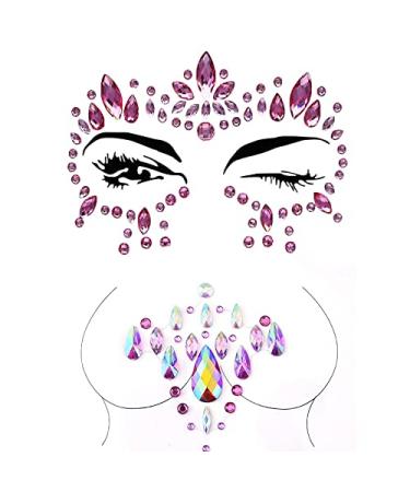 Blindery Mermaid Pink Face Gems Rhinestone Face Jewels Tattoo Rave Body Stickers Festival Chest Gems for Women and Girls 2PCS (Face Gem2)