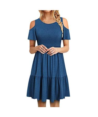 Womens Summer Cold Shoulder Short Sleeve T-Shirt Dress with Pocket High Waist Floral Print Casual Swing Mini Dresses Blue Medium