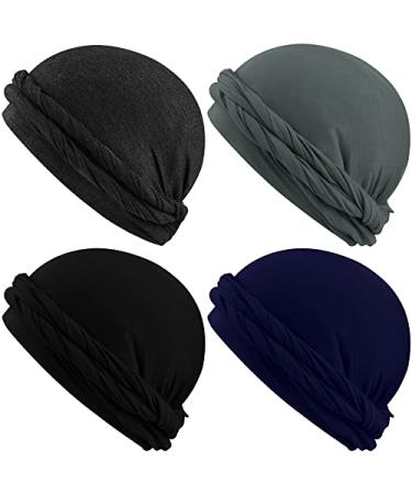 KUTTOR 4 Pieces Turban for Men Vintage Twist Head Wraps Stretch Turban Durag Modal and Satin Turban Scarf Tie for Men Boys Black,dark Grey,light Grey,navy