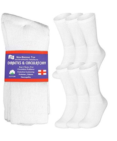 Special Essentials 6 Pairs Non-Binding Cotton Diabetic Crew Socks With Extra Wide Top For Men and Women White Large