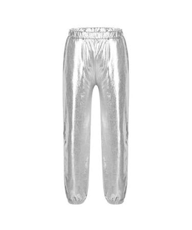 winying Kid Girls Metallic Jogger Dance Harem Pants Loose Fit Athletic Leggings Hip Hop Street Gymnastics Dancewear Silver 8 Years