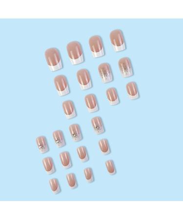 Diduikalor 24 Pcs White French Press on Nails with Rhinestones - Medium Square Acrylic False Nails for Women and Girls - DIY Nail Manicure Set - Buy Online on GoSupps.com