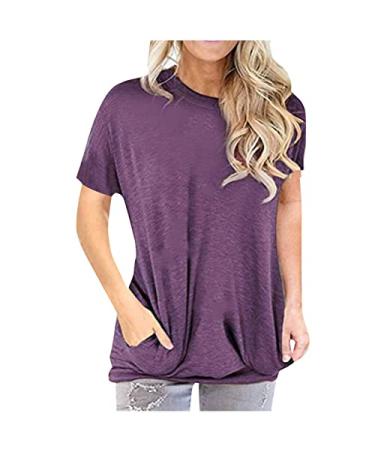 Short Sleeve Shirts for Women Light Casual T Shirts Loose Fit Summer Tops Simple Solid Color Blouse with Pocket XX-Large Purple