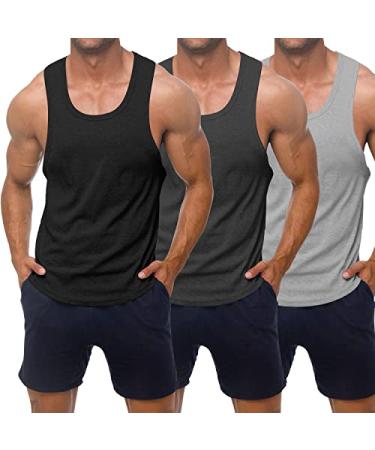 KAWATA Men's 3 Pack Workout Tank Top Quick Dry Gym Muscle Tees Fitness Bodybuilding Sleeveless T Shirts 3 PACK X-Large Black / Deep Grey / Light Grey