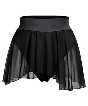 Women's Ruffle Dance Shorts Mesh Tulle Elastic Waist Asymmetrical Hem Rave Booty Bottoms Active Dancewear Small Black