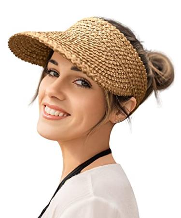 Visors for Women Straw Sun Visors for Women Packable Sun Hat Womens Visor Handmade Straw Hats for Women Beach Hats for Women Khaki