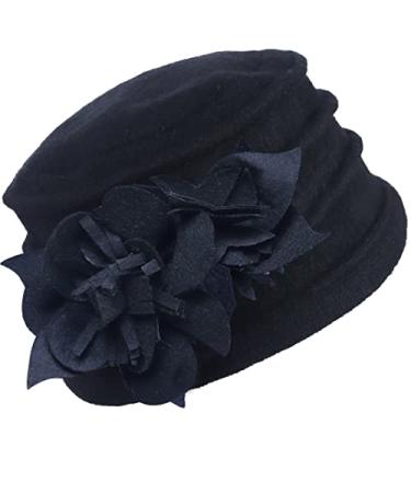 FORBUSITE Vintage Women Floral Wool Dress Cloche Winter Hat 1920s C022-black