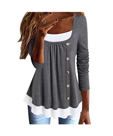 Long Sleeve Tops for Women Fake Two Shirts Color Block Crew Neck T-Shirt Top Button Up Blouse Dressy Henley T Shirt Gray Medium