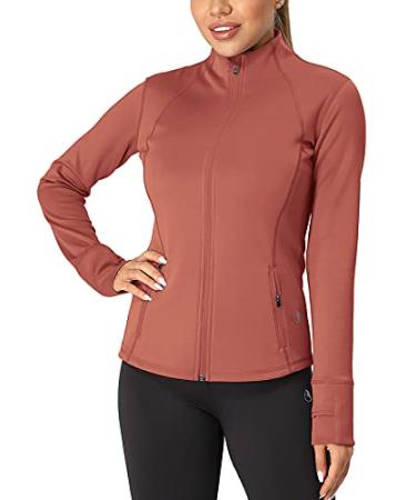 icyzone Workout Zip Up Jackets for Women, Yoga Running Athletic Track Jacket with Thumb Holes Coral Medium