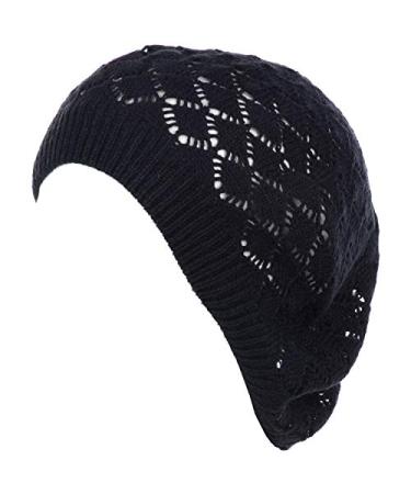 BYOS Womens Chic Cutout Lace Diamond Knit Lightweight Slouchy Crochet Beret Hat Lace Diamond Knit-black