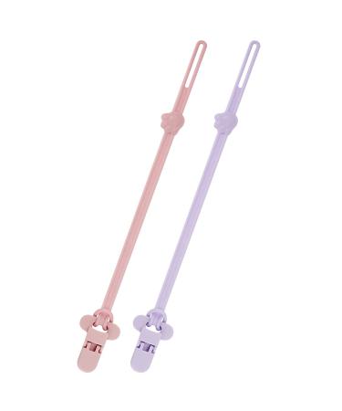 BEBOAN Silicone Pacifier Holder Clips for Baby Girls 2 Pack Neutral Newborn Teething Paci Leash Straps Stretchable Cord Toys Adjustable Length(Pink&Purple)