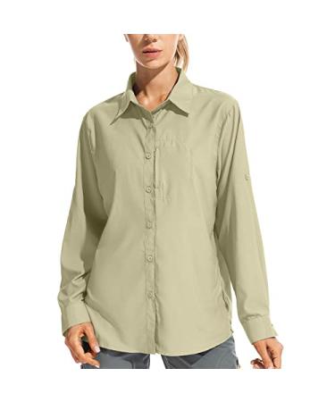 Women's Long Sleeve Safari Clothes UPF 50+ Hiking Fishing Shirts,Sun Protection Quick Dry Light Cooling Shirts Khaki Small