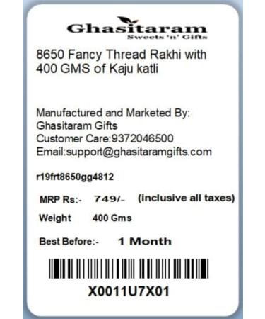 Ghasitaram Gifts Rakhi for Brother Rakhis Online - 8650 Fancy Thread Rakhi with 400 GMS of Kaju katli - Buy Online on GoSupps.com