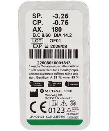 Lenscare SH Toric Monthly Contact Lenses - 6 Pieces BC 8.6mm Dia 14.2mm -5.75 Dioptria Axis 170 -1.25 Cylinder - Perfect for Clear Vision Worldwide - Buy Online on GoSupps.com
