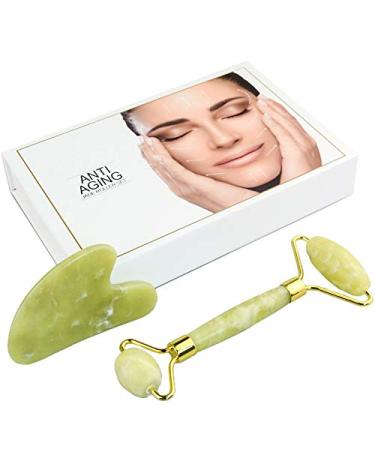 Jade Roller and Gua Sha Set   2 in 1 Natural Facial Jade Roller and Gua Sha Facial Tool Massager for Anti-Aging  Wrinkles  Slimming  Scraping and Facial Therapy (Jade Roller for Face)