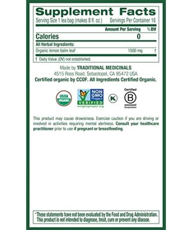 Organic Lemon Balm Herbal Tea - Caffeine Free, 16 Wrapped Bags | Traditional Medicinals - Buy Online on GoSupps.com