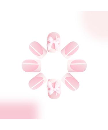White French Tip Press on Nails with Pink Bow | Short Square Glue on Acrylic Manicure Art | 24 Pcs Glossy Nude Pink Fake Nails for Women & Girls - Buy Online on GoSupps.com