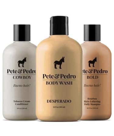 Pete & Pedro BAD BOY KIT - Mucho Macho Manly Men's Bodywash & Haircare Set | Bold Shampoo Cowboy Conditioner and Desperado Body Wash | As Seen on Shark Tank Set of 3 Products