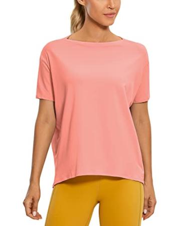 CRZ YOGA Women's Pima Cotton Short Sleeve Shirts Loose Fit Gym Workout T-Shirt Athletic Casual Tops Medium Peach Pink