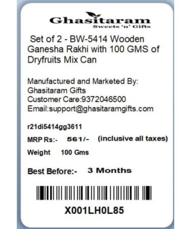 Ghasitaram Gifts Rakhi for Brother Rakhis Online - Set of 2 - BW-5414 Wooden Ganesha Rakhi with 100 GMS of Dryfruits Mix Can 2 Rakhi with 100 gms of Dryfruits Mix Can - Buy Online on GoSupps.com