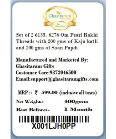 Ghasitaram Gifts Rakhi for Brother Rakhis Online - Set of 2 6135 6276 Om Pearl Rakhi Threads with 200 GMS of Kaju katli and 200 GMS of Soan Papdi - Buy Online on GoSupps.com