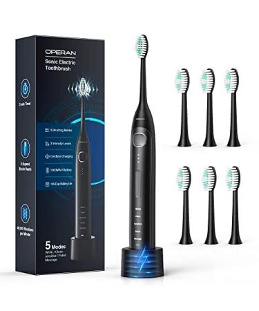 Operan Electric Toothbrush for Adults and Kids High Power Sonic Rechargeable Toothbrush with Smart Timer 5 Modes 6 Brush Heads 40 000 VPM Motor 6 Hours Fast Charge for 100 Days (Black)