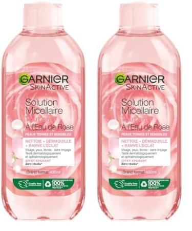 Garnier Skin Active - Solution Micellaire l'Eau de Rose Tout-En-1 - Peaux Ternes et Sensibles - Grand Format 400 ml (Lot de 2) Eau de Rose 400ml