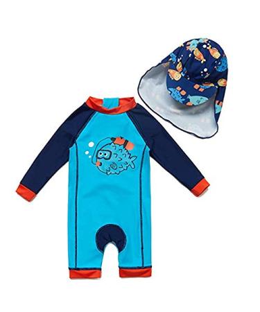 BONVERANO Baby Boys Sunsuit UPF 50+ Sun Protection All in One with Zipper Swimwear with Sun Hat(Blue 12-18Months) Blue Fish 12-18 Months