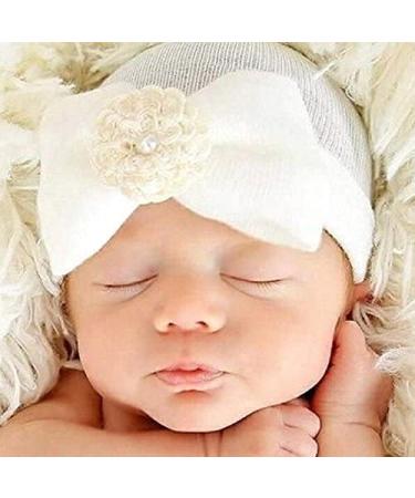 Toumett Newborn Hospital Hat Newborn Baby Hats with Pretty Bow Flower Pearl (White)